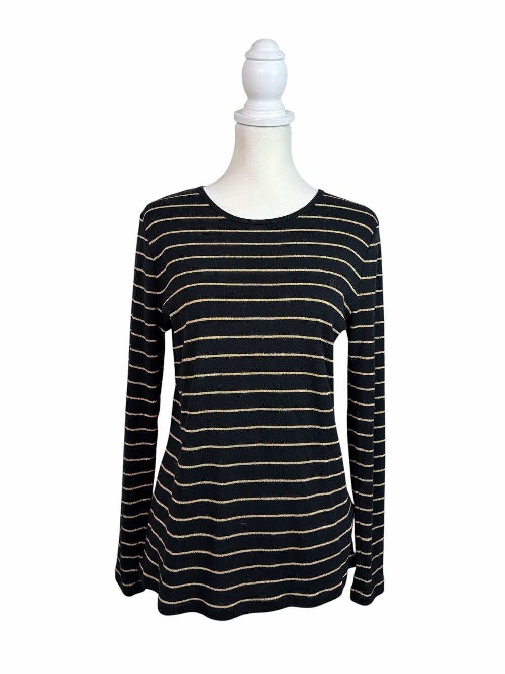 Lauren Ralph Lauren Large Black Gold Metallic Stripe Long Sleeve Knit Top